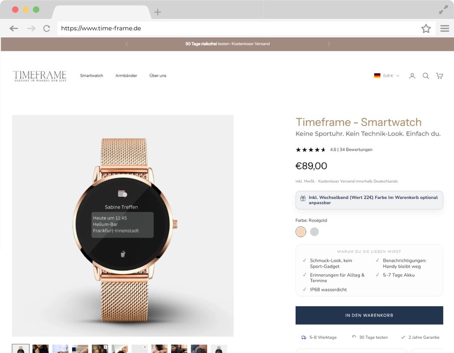 Produktseite des Timeframe-Shops mit Titel, Preis, Bewertungen und Produktvorteilen.