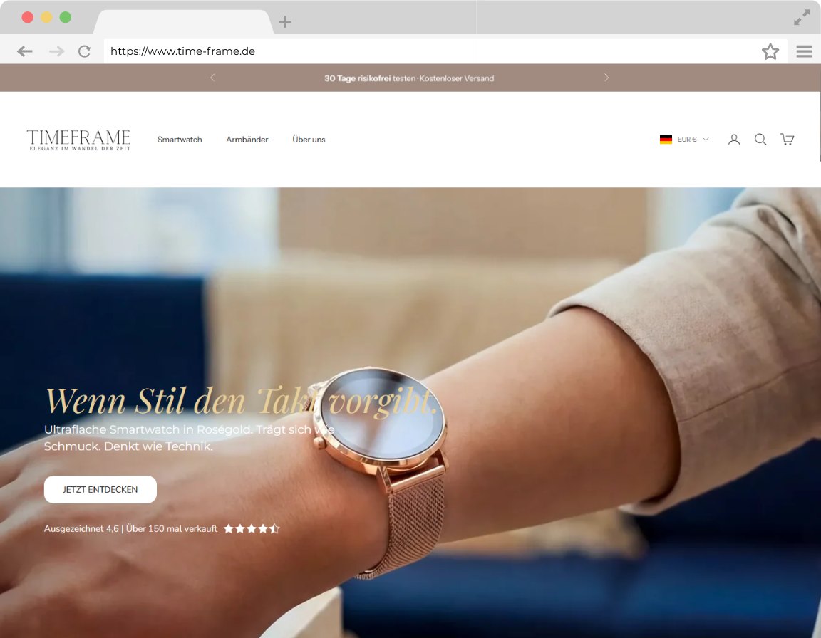 Startseite des Timeframe-Onlineshops: Nahaufnahme der Smartwatch am Handgelenk.