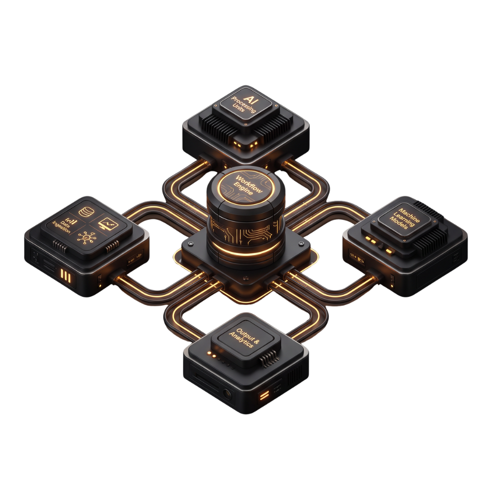 Isometric illustration of chained AI workflow modules