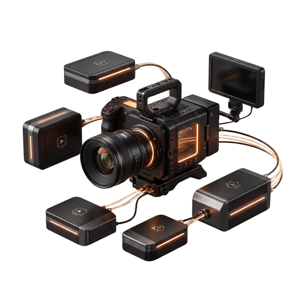 Isometric illustration of a cinema camera with content modules