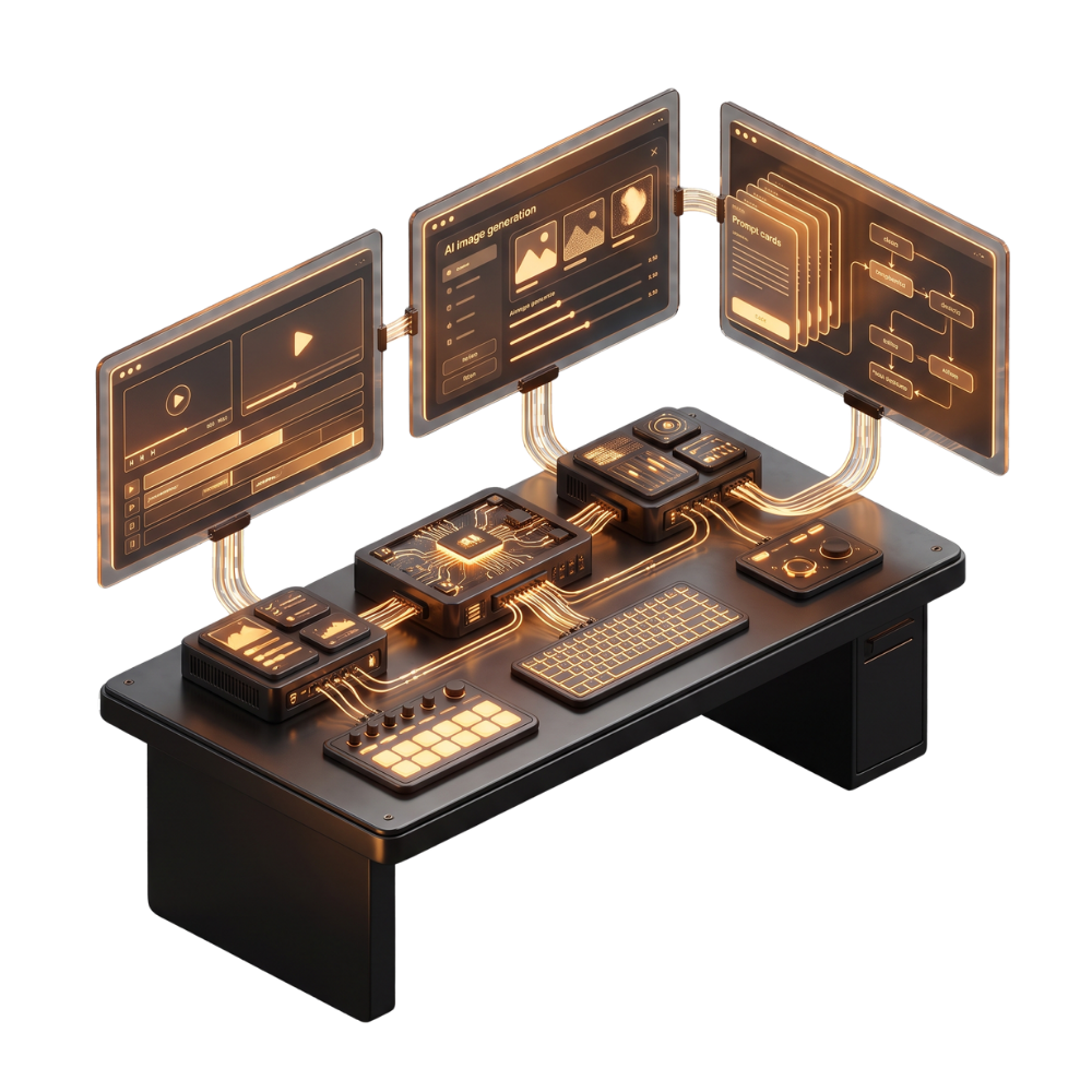 Isometric illustration of an automated creative workspace