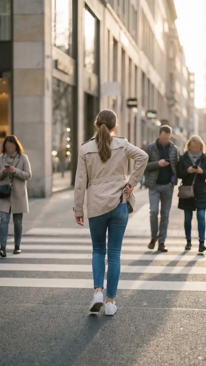 Still from a vertical film: a person crossing a street in backlight